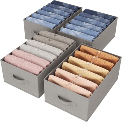 Famanu - Broeken Organizer Kast Set 4-pack, opvouwbare garderobe organizers met steunbord en 6 vakken, voor broeken, T-shirts, truien en leggings, 42x27x17 cm