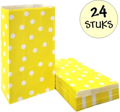 24x Gele Uitdeelzakjes Met Stippen - 13x8x24cm - Stevig Papier - Traktatie Zakjes - Papieren Zakjes - Cadeau Zakjes - Polka Dots - Met Blokbodem - Geel - 24 Stuks