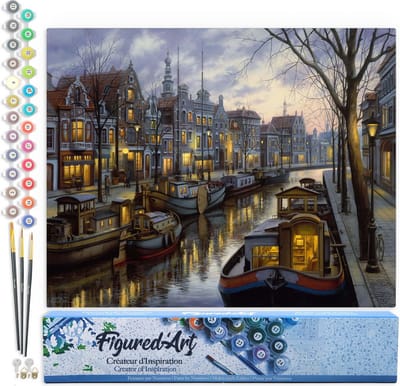Figured'Art Schilderen op Nummer Volwassenen canvas Leven op het kanaal - Handwerk acrylverf Kit DIY Compleet - 40x50cm zonder frame