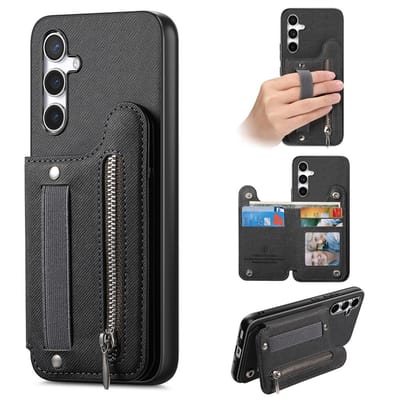 Telefoonhoesje geschikt voor Samsung Galaxy A57 5G - zwart - hoesje met rits en pasjeshouder - portemonnee wallet back case hoesje met rits - telefoonhoesje - back case