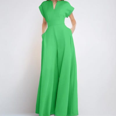 Lente Nieuwe Dameskleding Elegant en Elegant Effen Kleur Hoge Taille V-hals Wijde Pijpen Jumpsuit 3XL