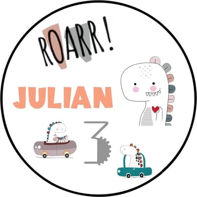 20 x Dino Stickers Met Naam Leeftijd - Verjaardag dino - Dinosaurus - Gepersonaliseerd - Sluitstickers - Kinderfeest Traktatie - Uitdelen - Uitdeeltraktatie - Wensetiket - Rond - 40mm - Glossy sticker