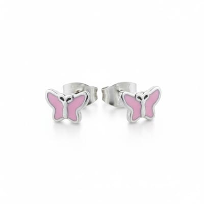 Aramat Jewels | Oorbellen | Stalen Emaille oorbellen vlindertje | Zilverkleur / Roze | |6mm | Staal | Kinderen, Volwassenen | Verkleurd niet