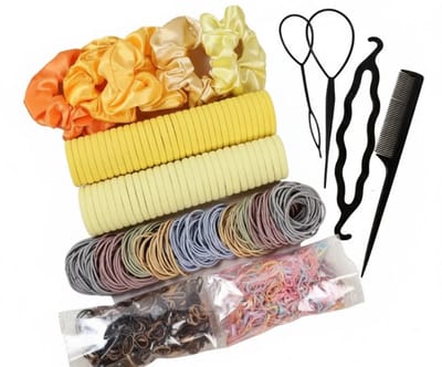 Geel en multicolor haar accessoires set – 1109 stuks – haarelastiekjes, mini elastiekjes, scrunchies en haar tools – complete elastiekjes set voor dames – pastel en neutrale haar styling set