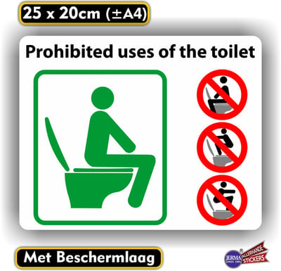 Jerma - Toilet Gebruik - Sticker – Prohibited Uses of the Toilet - 25 x 20 cm - Zelfklevend - Vinyl