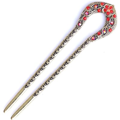 Vintage haaraccessoires antiek brons vergulde haarspelden U-vorm haarstokspeld vrouwen strass bloemhaar rood