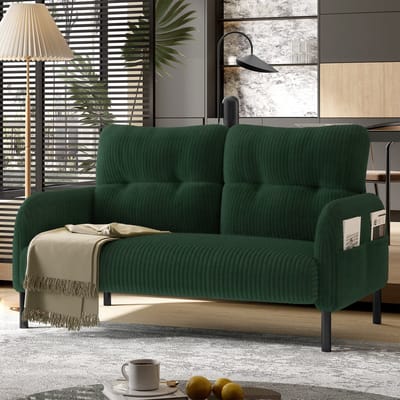 Wishdor - Tweezitsbank - Ergonomische Rugleuning, Diepe Zitting En Zijvak - Modern Ontwerp - Voor Woonkamer - Cordstof Met Metalen Poten - Smaragdgroen - 120 X 75 X 79 Cm