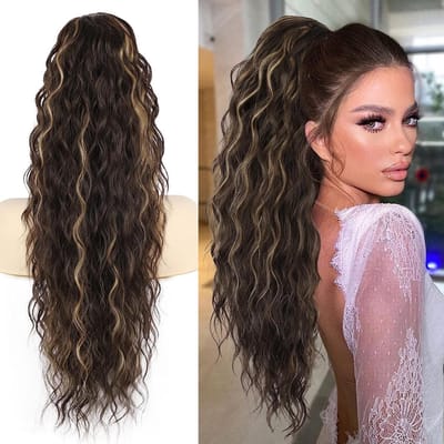 Ponytail Haarstuk Lang 76 cm met Trektouw, Golvende Krullen Donkerbruin met Blonde Accenten, Clip-in Staart en Afro Vlecht voor een Natuurlijke Look