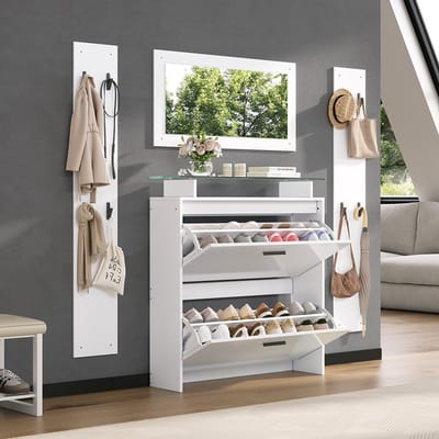 Pugsdrly 4-delige garderobeset 89,5*23*96,5 cm met spiegel, 2 hoedenplanken en glanzende schoenenkast. Garderobeset voor de hal, garderobeset voor de hal, compacte garderobe met 8 kledinghaken, wit