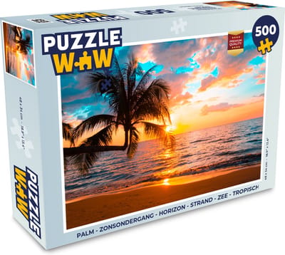 Puzzel Palm - Zonsondergang - Horizon - Strand - Zee - Tropisch - Legpuzzel - Puzzel 1000 stukjes volwassenen