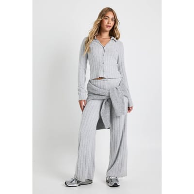 boohoo Dames Geborstelde rib broek met wijde pijpen | Grey | Maat: 6