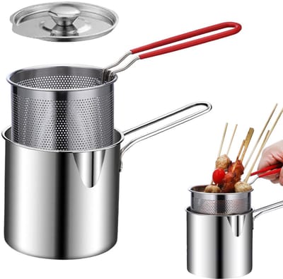3-delige Mini Friteuse - Multifunctionele Friteuseset van roestvrij staal - Kleine oliepan - Friteuse - Met frituurmandje - Met deksel - 25*12*11,5 cm - Geschikt voor het frituren van friet, kip, spek, enz. - Zilver