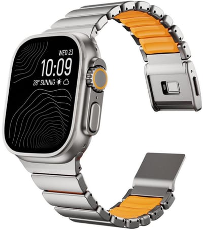 By Qubix - Geschikt voor Apple Watch bandje - Premium Stainless Steel / Siliconen band - Titanium met oranje - Geschikt voor Apple Watch 44mm / 45mm / 46mm / 49mm (Ultra 1,2 en 3)