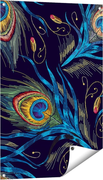 Gards Tuinposter Getekende Pauw Veren Achtergrond - 60x90 cm - Tuindoek - Tuindecoratie - Wanddecoratie buiten - Tuinschilderij