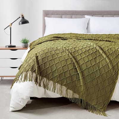 Gebreide deken met textuur - 127 x 178 cm - olijfgroen - zachte deken voor bed en bank - decoratieve plaid