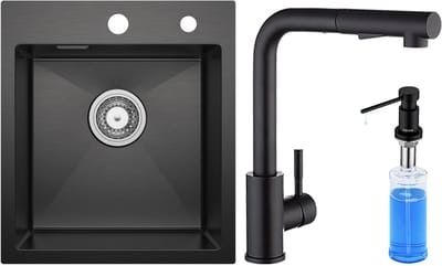 SOFETIY MAX Spoelbak voor keuken 40x45 cm - Spoelbak Keuken Met Keukenkraan en Zeepdispenser 300ML - 1 Gootsteen Antraciet - Spoelbakken Keuken - Wasbak Keuken Met Waterafvoersysteem