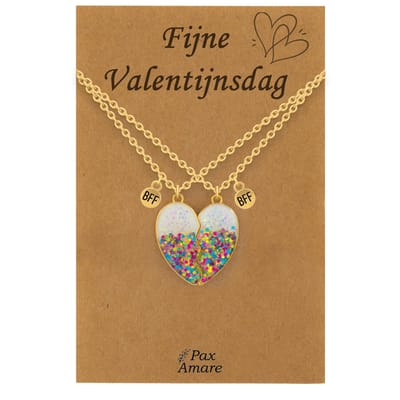 Koppel Ketting voor 2 'Fijne Valentijnsdag' - Magnetisch Glitter Hartje - Vriendschapsketting op Cadeau Kaartje - 45cm + 5cm verstelbaar - Goudkleurig - BFF Hanger - Pax Amare