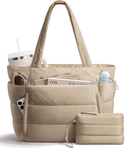 Puffer Tote Bag voor Dames - Lichtgewicht Donzige Schouderhandtas - Met Afneembaar Klein Tasje & Handig Laptopvak - Incl. Trolley Sleeve voor Reizen - Voor Kantoor, Woon-werkverkeer & Dagelijks Gebruik - Camel