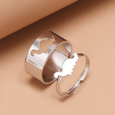 2 Stuks /Set Mode Eenvoudige Dinosaurus Open Ring Creatief Ontwerp Dinosaurus Verstelbare Ringen Voor Vrouwen Punk Feest Koppelsring Sieraden Resizable zilver