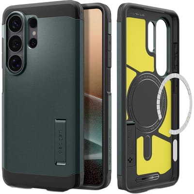 Spigen Tough Armor Hoesje Geschikt voor Samsung Galaxy S26 Ultra | Compatibel met MagSafe / Qi2 | Back Cover Militaire Standaard | Kickstand | Groen