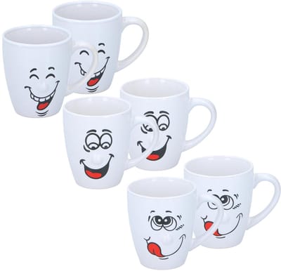 Funny Faces Koffiemokken - drinkbekers - wit - 6x stuks - 3 soorten gezichten - keramiek - 347 ml