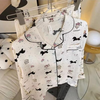Stippen Hondenprint Cartoon Schattige Dames Pyjama Set Revershals Knoopdesign Zoete Casual Nachtkleding Herfst Nieuwe Pyjama Set L white