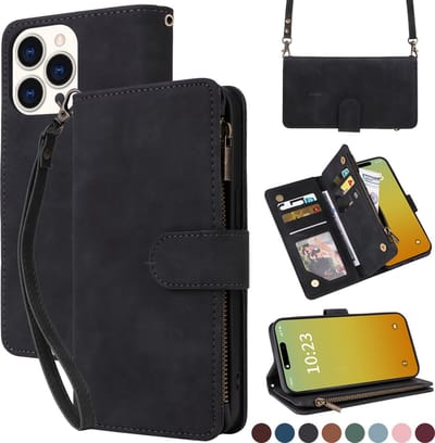 YPCd Wallet Case Pasjeshouder met Rits – Geschikt voor Apple iPhone 15 Pro – Luxe Bookcase Hoesje met 6 Pasjesvakken & Polsbandje – Zwart