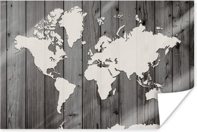 Poster 30x20 cm - Wereldkaart - Hout - Zwart - Wit - Posters - Kamer decoratie - Wanddecoratie woonkamer - Muurdecoratie slaapkamer