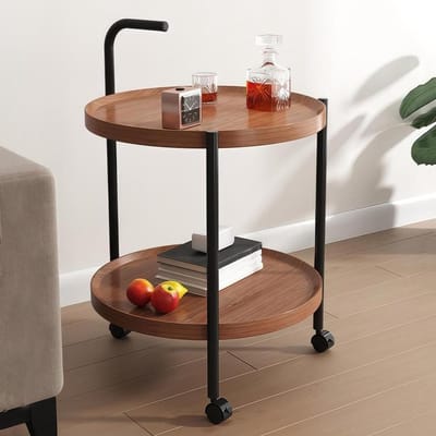 Marmeren bijzettafel - Opklapbare tafel - Woonruimte inrichten - Met handvat en wielen - 40x40x69 cm - Walnoot