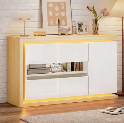 HAUSS SPOLE Dressoir - Met Ledverlichting En Glazen Deuren - Opbergkast Voor Woonkamer Hal En Kantoor - Spaanplaat - 140x40x84 Cm