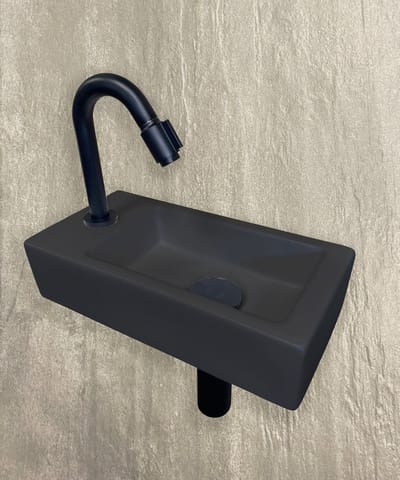 Wiesbaden Fonteinset Rhea S mini met fontein links quartz, kraan, sifon en afvoerplug mat zwart