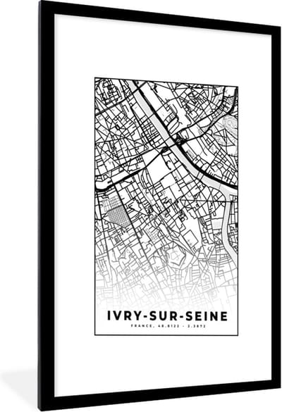 Fotolijst incl. Poster Zwart Wit- Kaart - Ivry-sur-Seine - Stadskaart - Frankrijk - Plattegrond - Zwart wit - 60x90 cm - Posterlijst