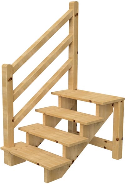 Vrijstaande buitentrap met houten trapleuning Links - H 4-treden 71cm B 120cm - zonder stootbord