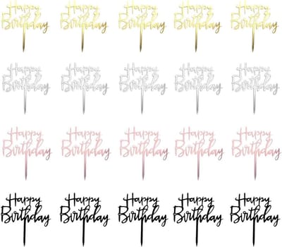 20 stuks taarttoppers, Happy Birthday, van acryl, voor het versieren van taarten, ideaal voor kinderverjaardagen, goud, roze, zilver, zwart
