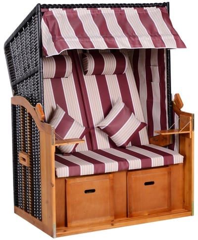 Strandstoel - 2-Zits Strandstoel Met Kap - Verstelbare Rugleuning Met Voetensteunen En Zijtafels - Voor Balkon En Tuin - Hout Rood/Wit