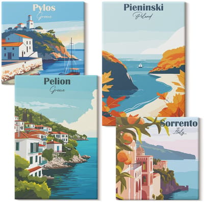 Wallfluent Set van canvas schilderijen - Schilderachtige landschappen in retrostijl Canvas Schilderijen Set - Set van 4 Canvas Schilderijen - Veelkleurig Set van Canvas Prints - Landschappen Canvas Kunst Set - Boheemse Canvas Kunst Set