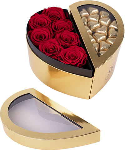 Chocolade Box Norah – Rosuz - Rode Longlife Rozen (3 Jaar Houdbare échte rozen) + Gouden Atelier Chocolade Hartjes – Herbruikbare Valentijn Geschenkset voor Liefdevolle Momenten