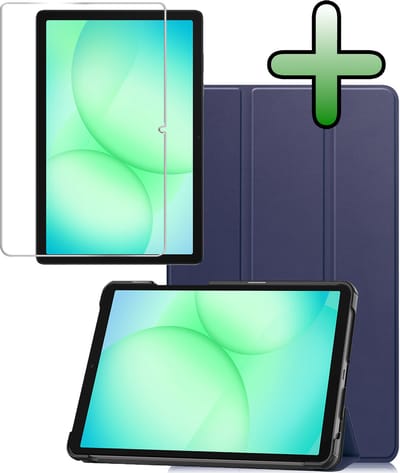 Hoesje Geschikt voor Samsung Galaxy Tab A11 Plus / A9 Plus - Met Screenprotector - Trifold Bookcase - Hard Cover - Hardcover Book Case - Tablet Hoes - Donkerblauw