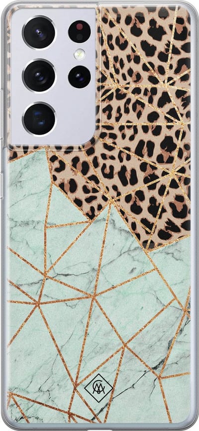 Casimoda® hoesje - Geschikt voor Samsung S21 Ultra - Luipaard Marmer Mint - Backcover - Siliconen/TPU - Bruin