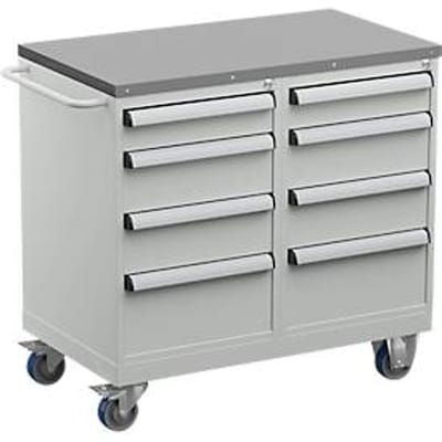 Treston TWIN 3 gereedschapswagen, stalen onderstel, tot 300 kg, 8 laden, afsluitbaar, duwbeugel, staal, lichtgrijs RAL 7035