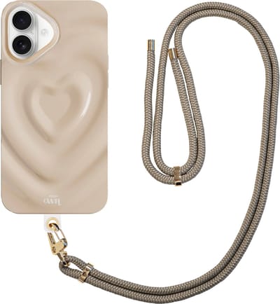 xoxo Wildhearts Biggest Love Creme Cord Case - Geschikt voor iPhone 16 - Hoesje met koord - Kwalitatieve backcover - Telefoonhoesje met hartjes patroon - Hartenpatroon - met camerabumper - Hearts - Beige - Creme