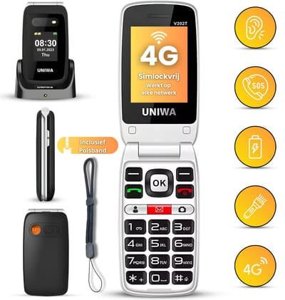Uniwa V202T Senioren Telefoon 4G - Klaptelefoon - SOS Noodknop - Met Polsband - GSM Dumbphone - Zwart