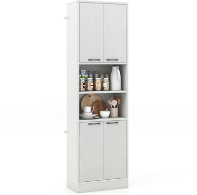COSTWAY 190 cm Hoge Opbergkast met Deuren en Legplanken Veiligheidsscharnieren Anti-Kantelsets Opbergkast voor Eetkamer Keuken Wit Eiken