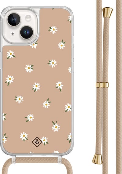 Casimoda® hoesje met beige koord - Geschikt voor iPhone 14 - Sweet Daisies - Afneembaar koord - TPU/acryl - Bruin/beige