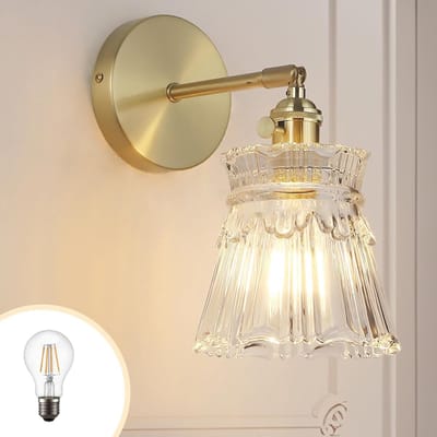 Vintage wandlamp van messing - wandlamp voor het bed - badkamerspiegellamp - met Franse bloemenglazen kap - 180° verstelbaar - geschikt voor slaapkamer, woonkamer