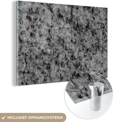 Glasschilderij zwart wit - Graniet - Steen - Zwart - Wit - 150x100 cm - Schilderij glas - Woonkamer decoratie