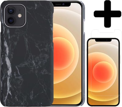 Hoesje Geschikt voor iPhone 12 Hoesje Marmer Case Hard Cover Met Screenprotector - Hoes Geschikt voor iPhone 12 Case Marmer Hoesje Backcover - Zwart