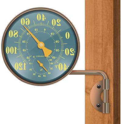 2-in-1 thermometer, hygrometer, Ø 10 cm, koperen raamthermometer voor buiten, met standaard, montagegat tuinthermometer, buitenthermometer voor terrassen, kassen en tuinen