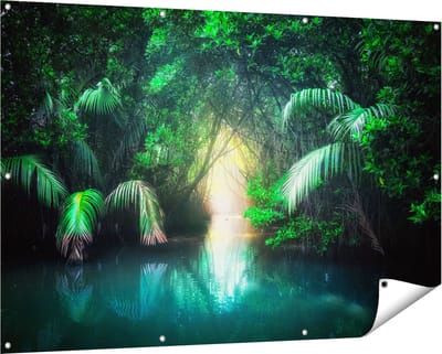 Gards Tuinposter Tropische Jungle met een Turquoise Meer - 150x100 cm - Tuindoek - Tuindecoratie - Wanddecoratie buiten - Tuinschilderij