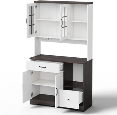Keukenkast in schuurstijl- hoge opbergkast, opbergmeubel in vintagestijl met verstelbare planken- lades- roestvrijstalen haken, van kleur veranderende ledverlichting en stopcontacten — 185 × 105 × 40 cm